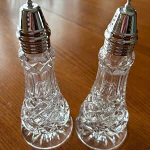Cut Crystal Footed Salt and Pepper Shakers with metal over plastic top 7.5 tall